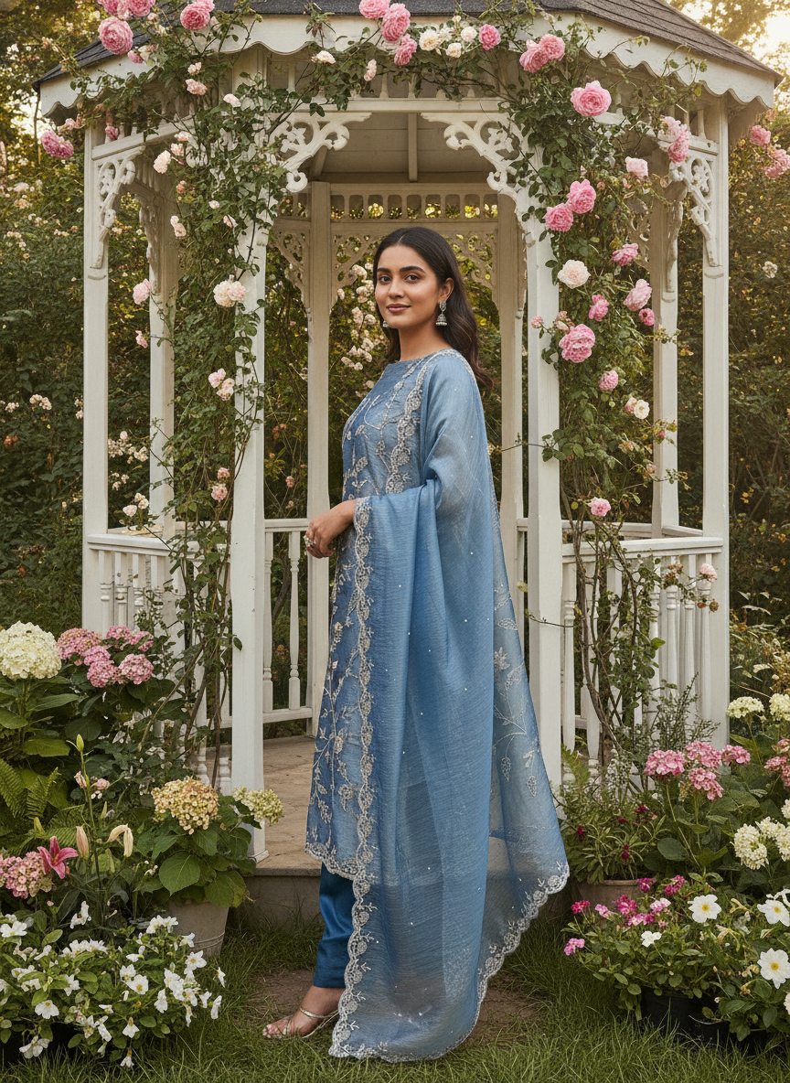 Blue Organza Embroidered Unstitched Festive Ensemble (58042)