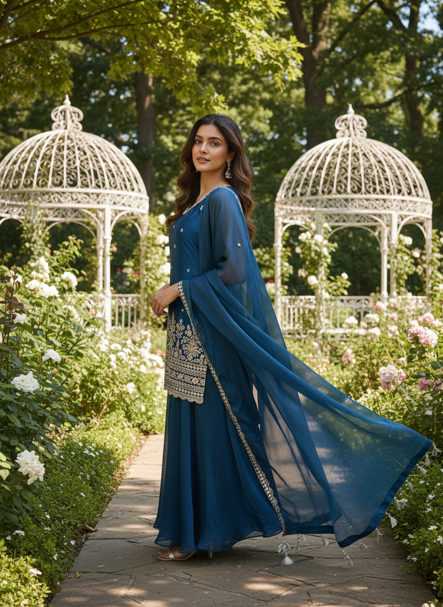 Peacock Blue Organza Plazo with Handwork (51794)