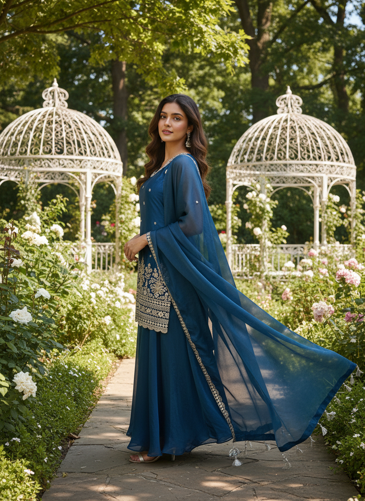 Peacock Blue Organza Plazo with Handwork (51794)