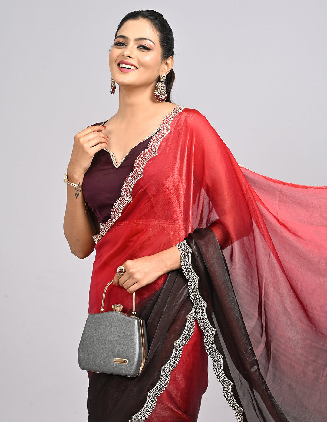 Meher – Ombre Chinnon Saree with Stonework Border & Self-Colour Blouse | Fazals (47750)