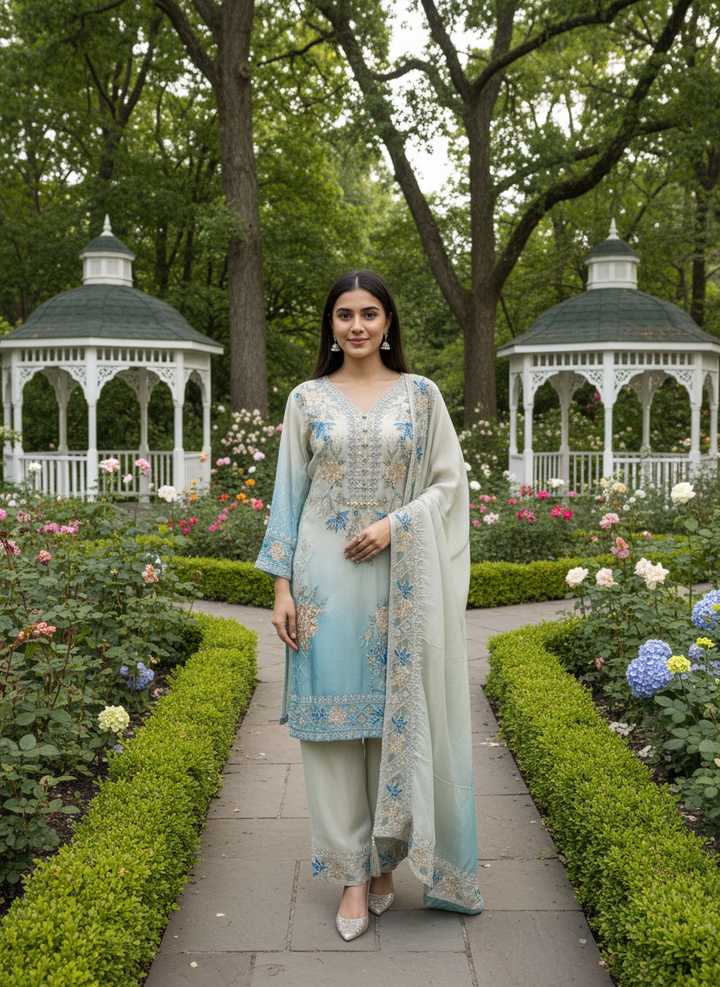 Embroidered Blue Tissue Pant Suit for Festive Evenings (50409)