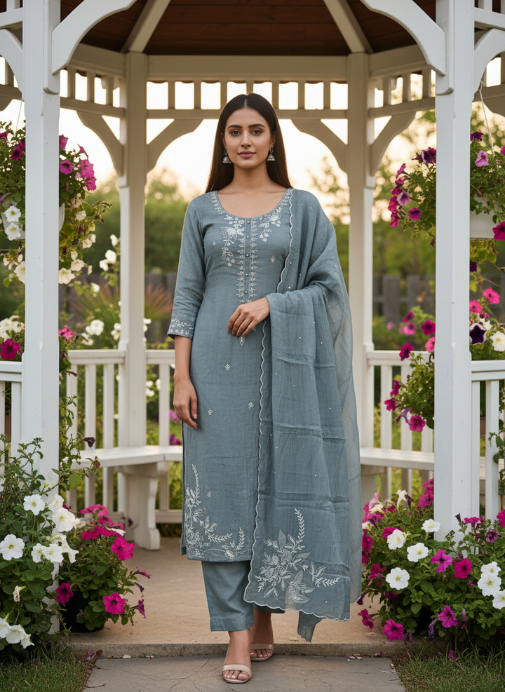 Grey Mull Sequin Embroidered Unstitched Fabric (54043)