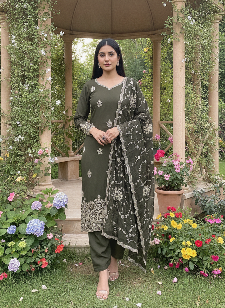 Embroidered Bottle Green Crepe Festive Ensemble (58875)