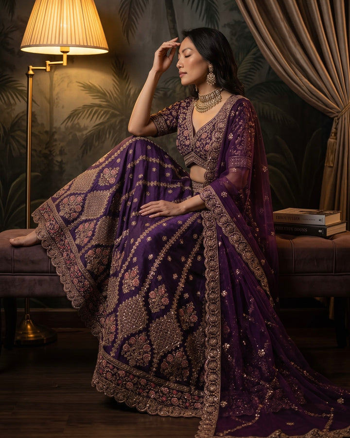 Embroidered Purple Silk Bridal Lehega (52296)
