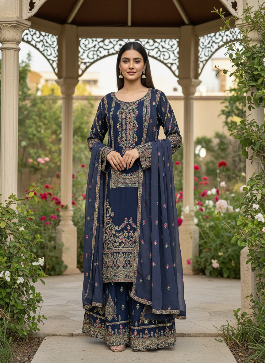 Embroidered Blue Chinnon Plazo Suit for Festivities (53624)
