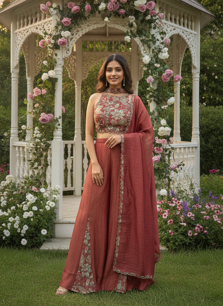 Embroidered Maroon Tissue Plazo Suit with Luminous Drape (56425)