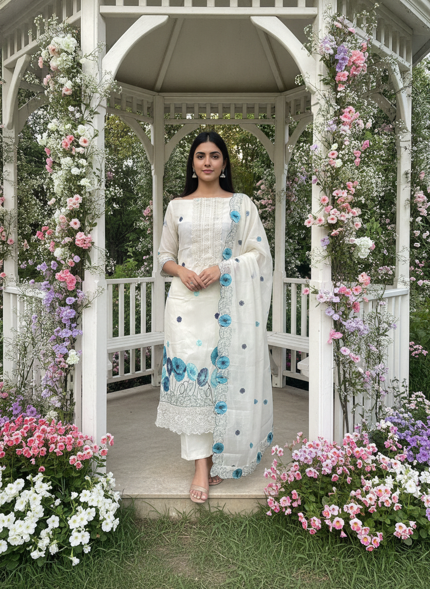 Cream Cotton Embroidered Unstitched Elegance (58447)