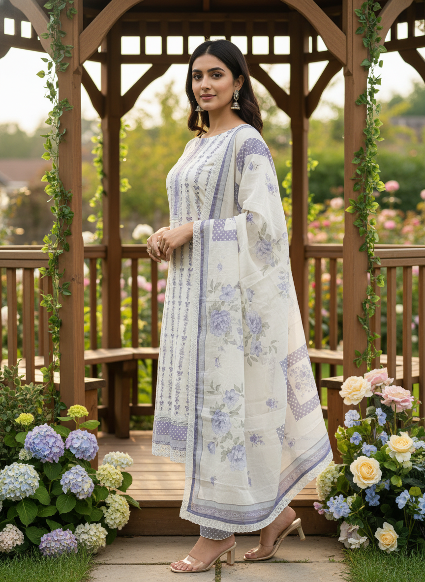 Cream Paisley Print Cotton Unstitched Fabric (54346)