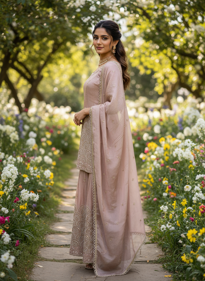 Pink Tissue Sharara with Handwork Sequins (51510)