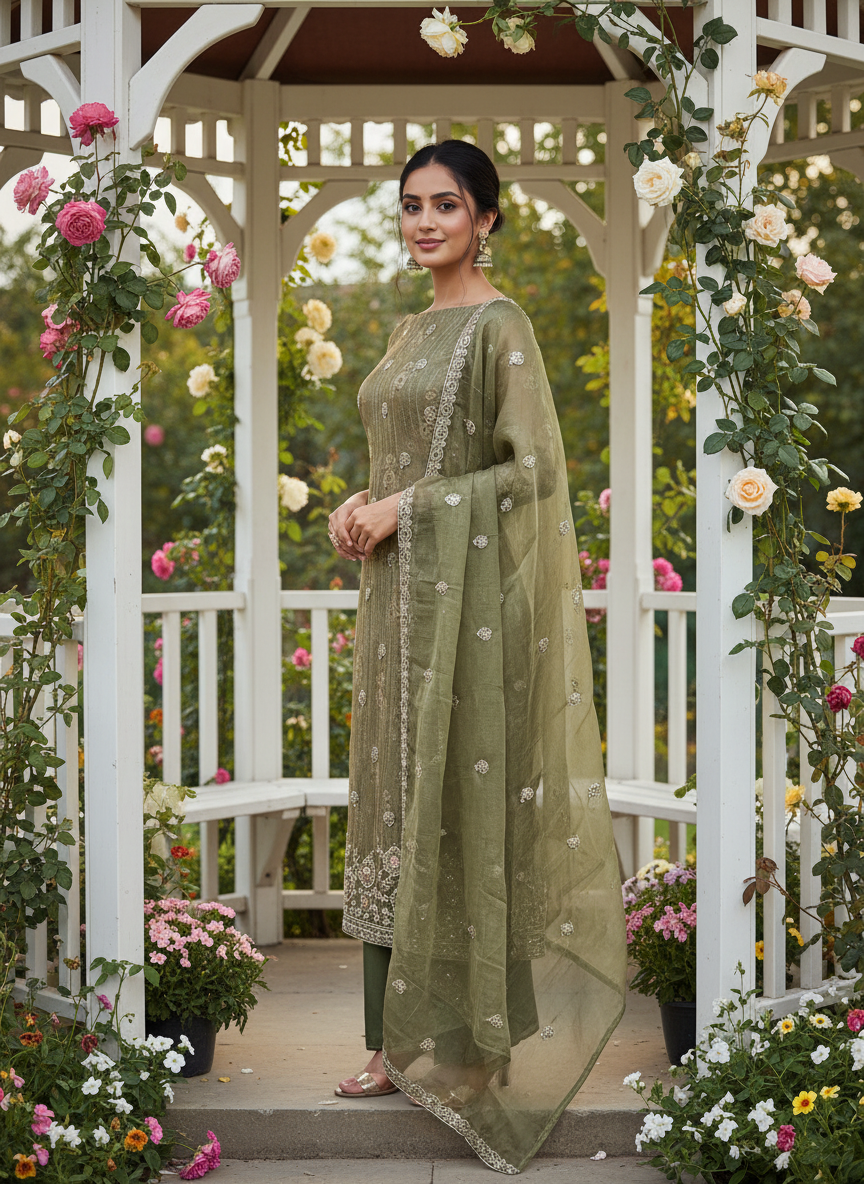 Green Upada Silk with Delicate Handwork (51926)