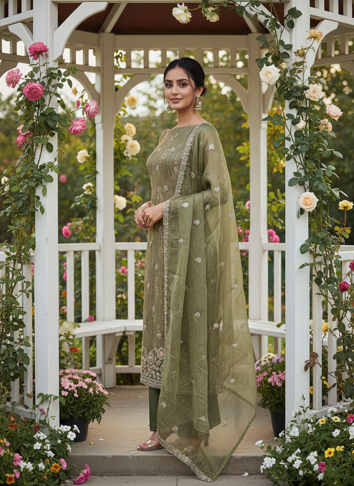 Green Upada Silk with Delicate Handwork (51926)