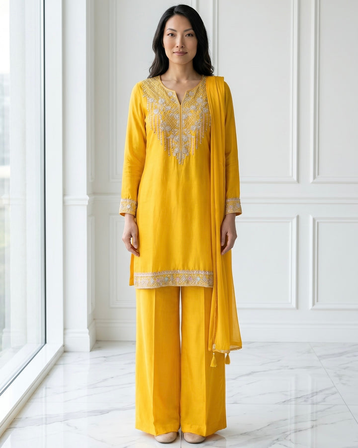 Sunlit Yellow Chinnon Embroidered Festive Dupatta (46977)