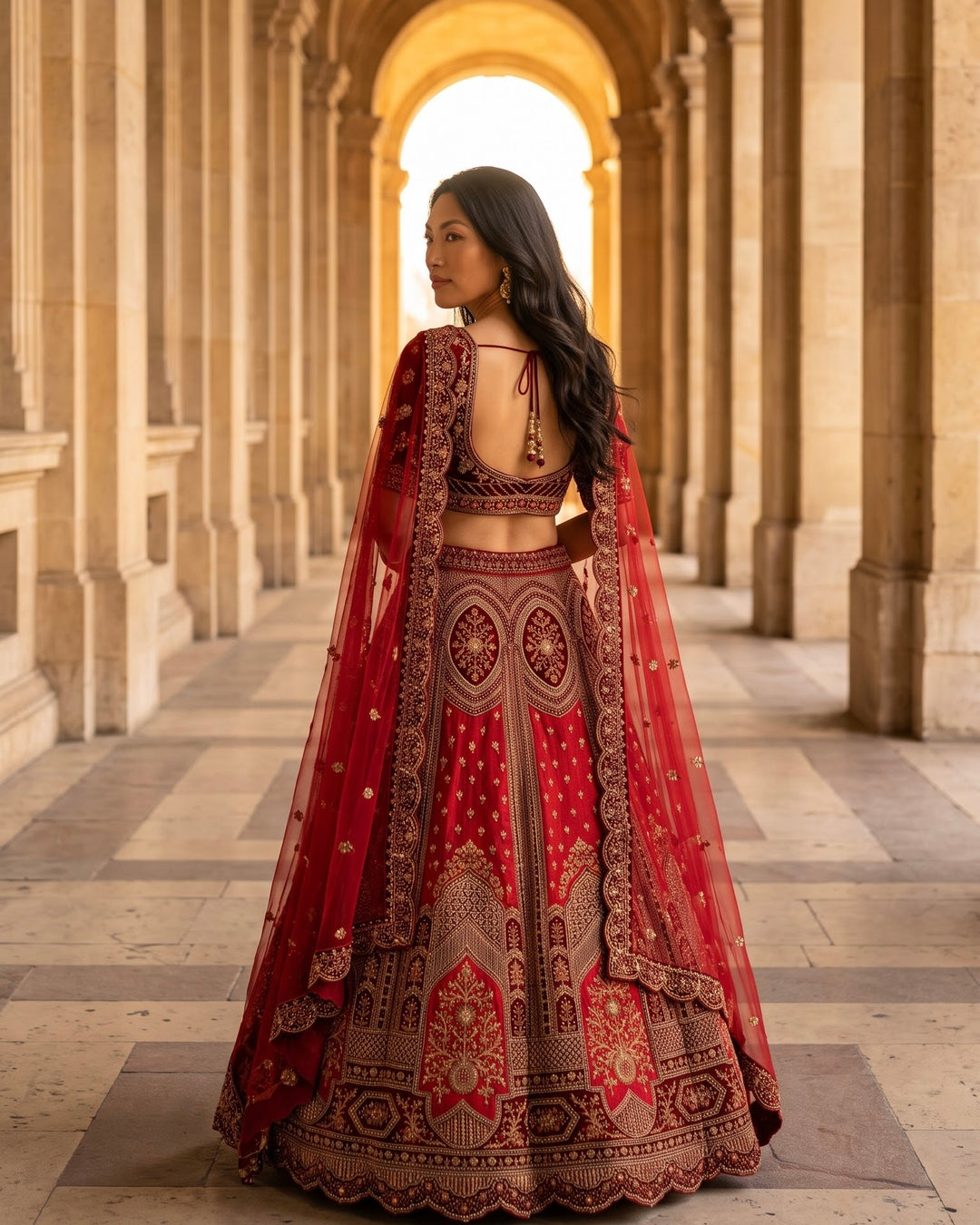 Maroon Velvet Embroidered Bridal Lehenga (52289)