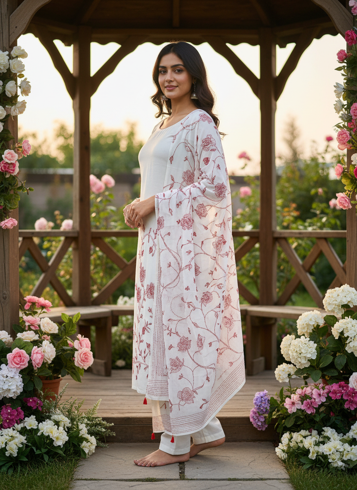 Embroidered White Georgette Dupatta with Sequin Work (50288)