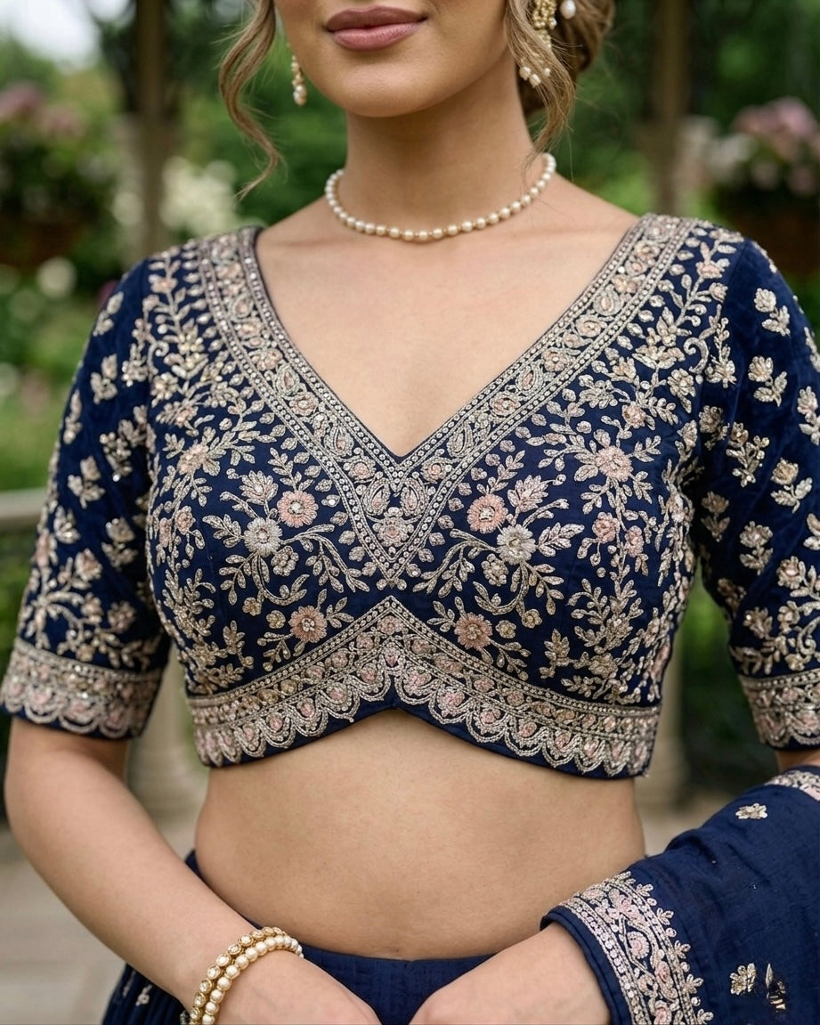 Navy Blue Embroidered Silk Festive Dupatta (49520)