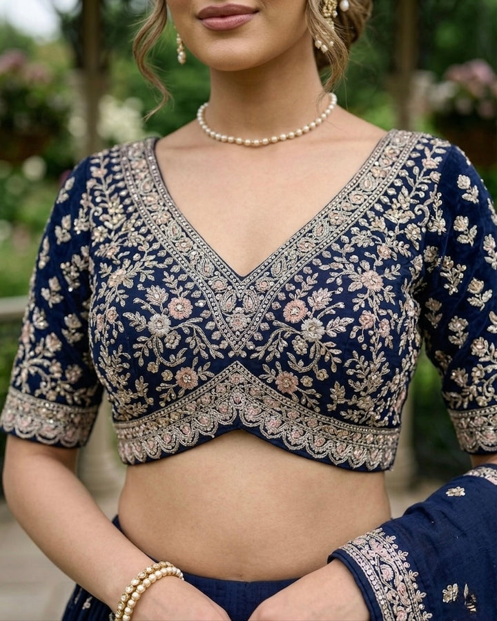 Navy Blue Embroidered Silk Festive Dupatta (49520)