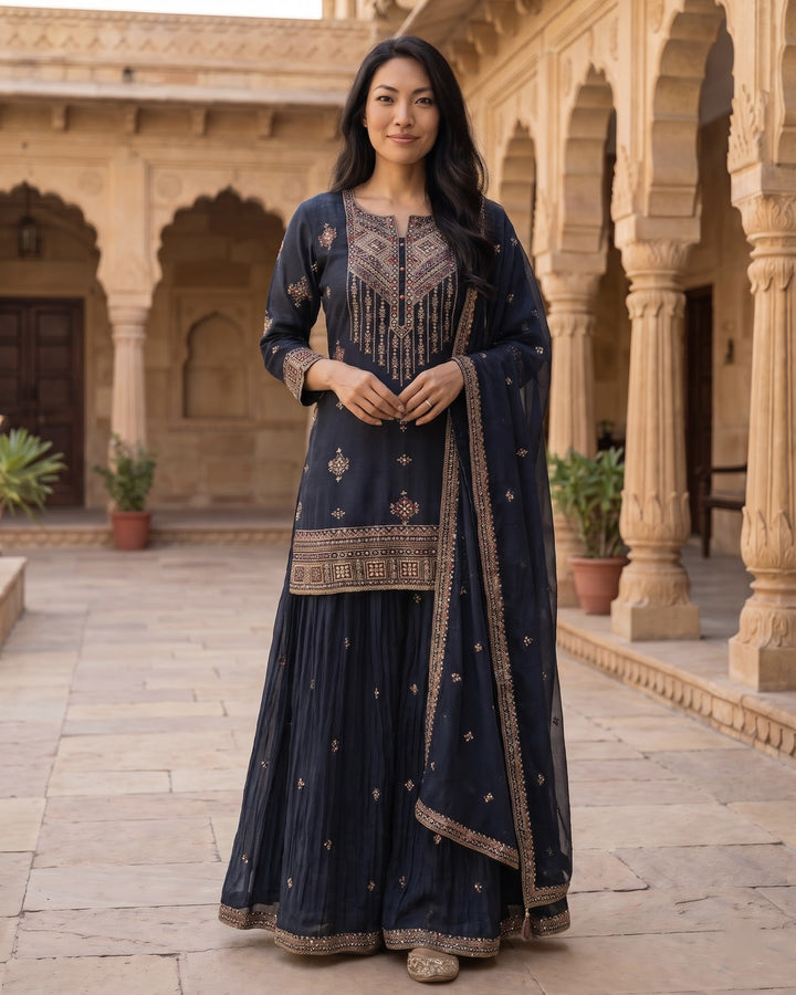 Embroidered Green Chinnon Festive Plazo Set (40927)