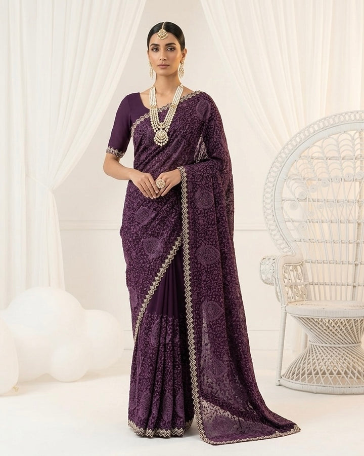 Purple Embroidered Organza Saree with Allover Elegance (54580)