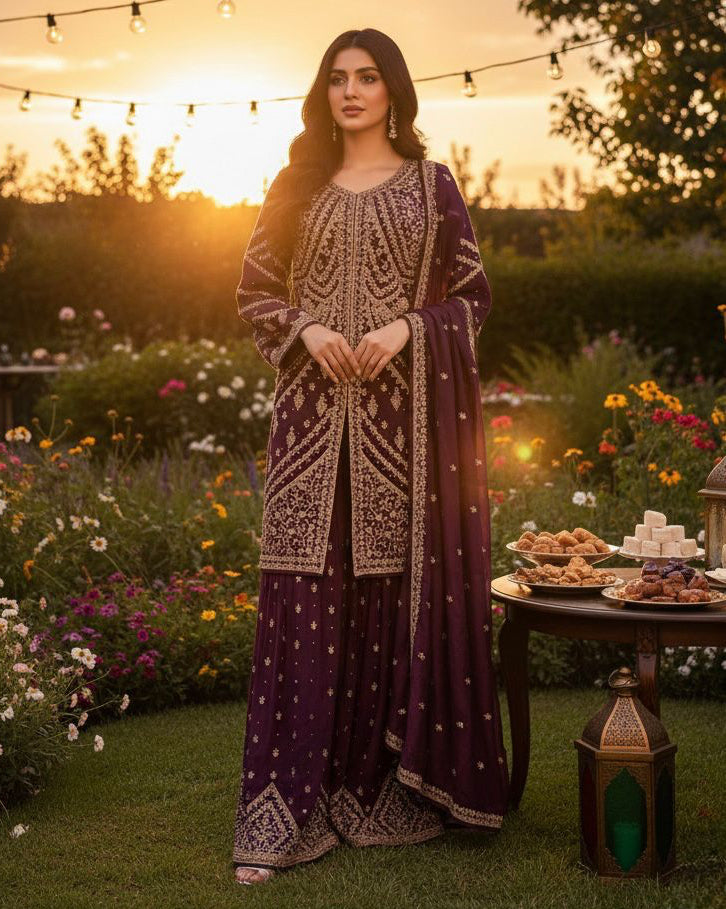 Mehr – Wine Silk Palazzo Set with Zari & Stone Embroidery and Matching Embroidered Dupatta | Fazals (49768)