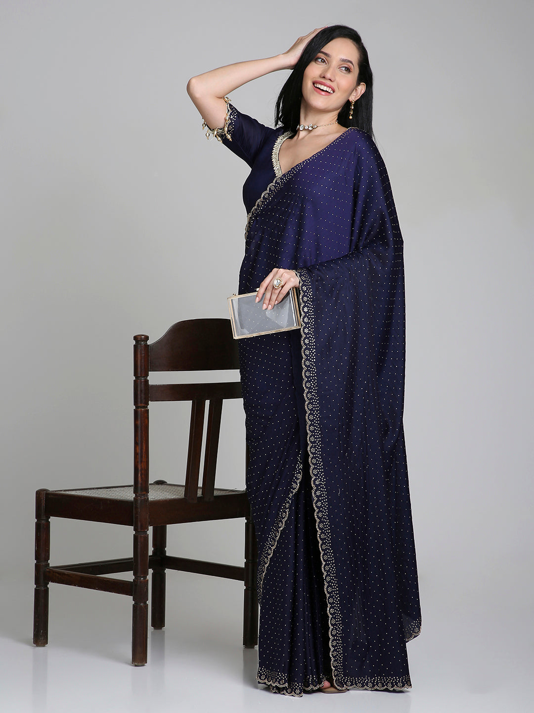 Ameera – Midnight Blue Chinnon Saree with Gold Swarovski Border | Fazals (45069)