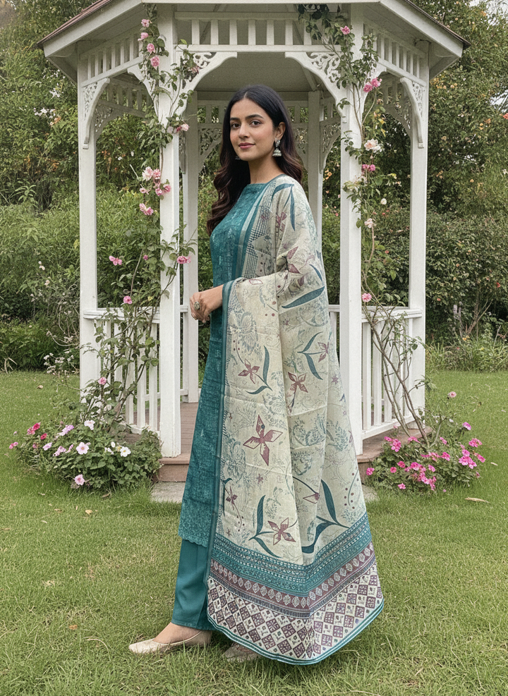 Embroidered Chanderi Dupatta Set in Verdant Green (47592)