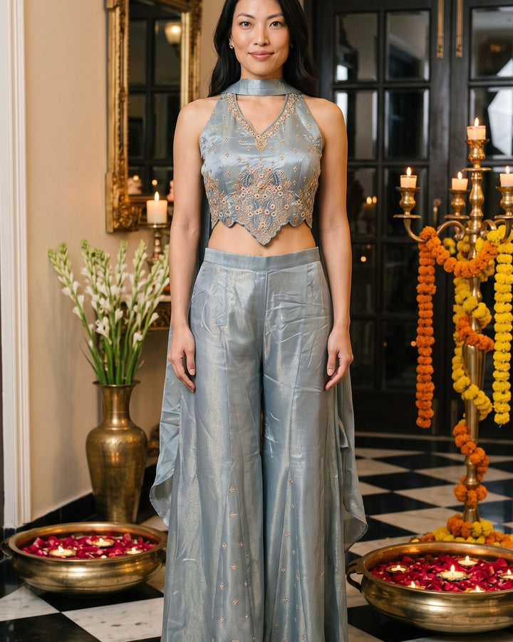 Grey Embroidered Organza Corset Blouse Palazzo Set (60557)