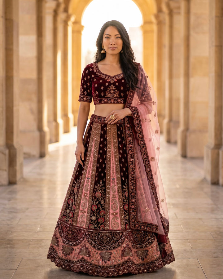 Maroon Velvet Embroidered Bridal Lehenga (47624)