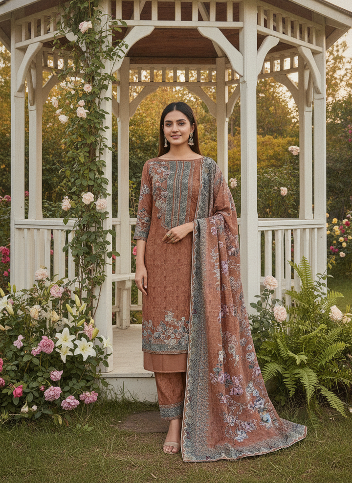 Earthy Brown Muslin with Printed Embroidery (48476)