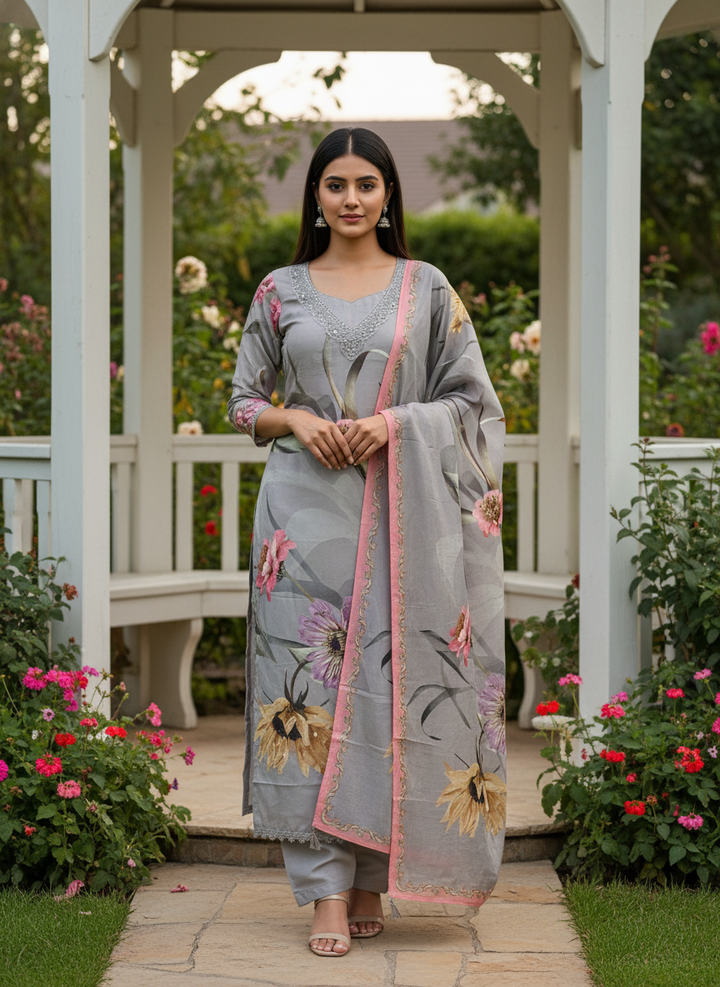 Grey Muslin Floral Embroidered Unstitched Fabric (54958)