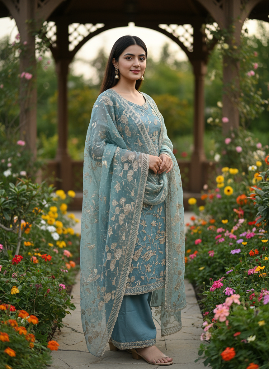 Blue Organza Zari Embroidered Festive Ensemble (54024)