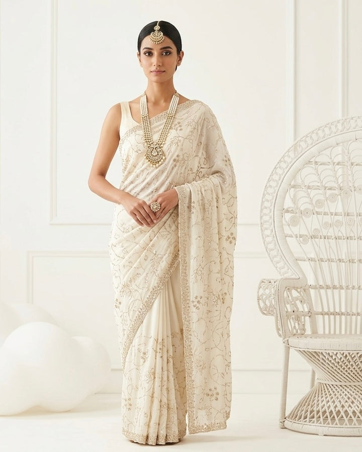 Cream Organza All Over Embroidered Saree (54581)