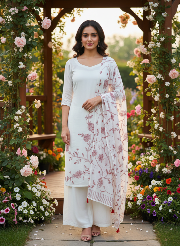 Embroidered White Georgette Dupatta with Sequin Work (50288)