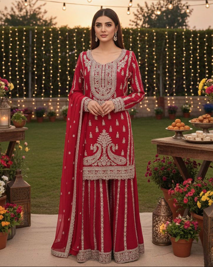 Ameera – Midnight Blue Chinnon Sharara Set with Zari & Stone Work and Embroidered Dupatta | Fazals (41201)