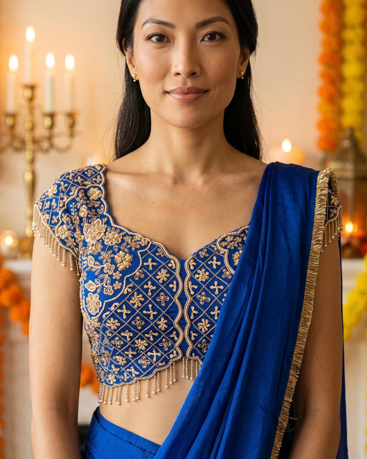 Blue Crepe  Embroidered Pre-draped Saree and Blouse set (59790)