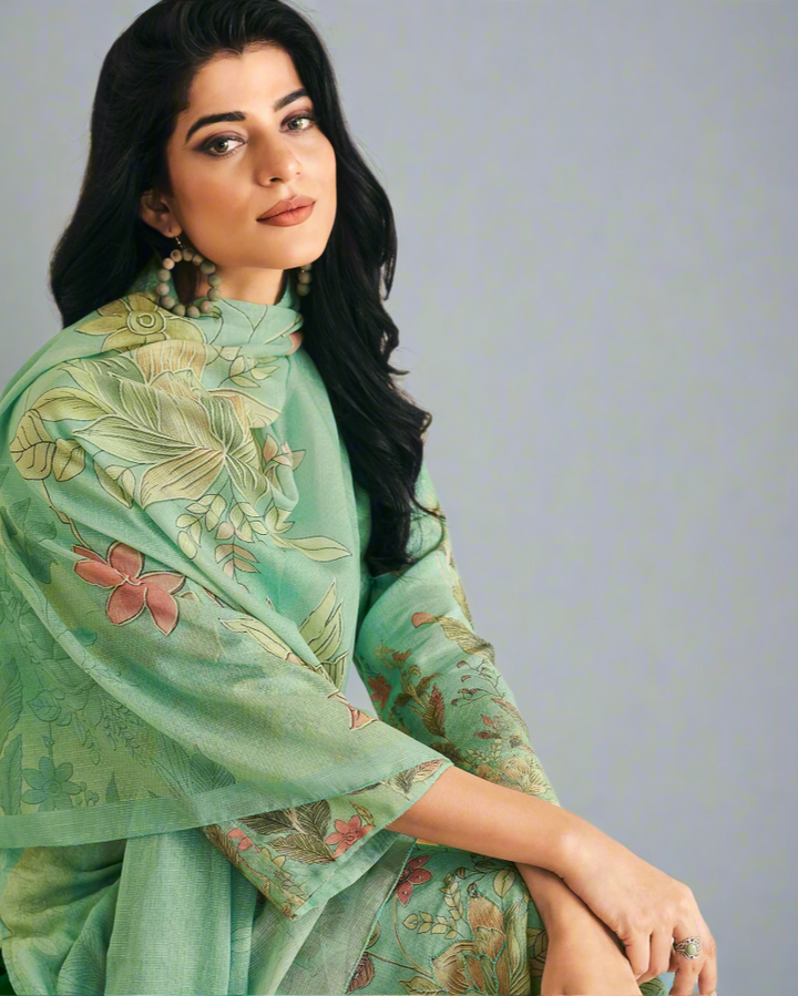 8109C-Mint Green Muslin Salwar Kameez with Digital Floral Print & Dupatta (43617)
