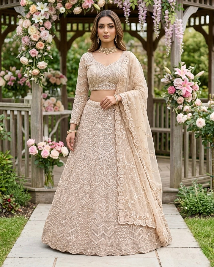 Peach Embroidered Net Bridal Dupatta (54336)