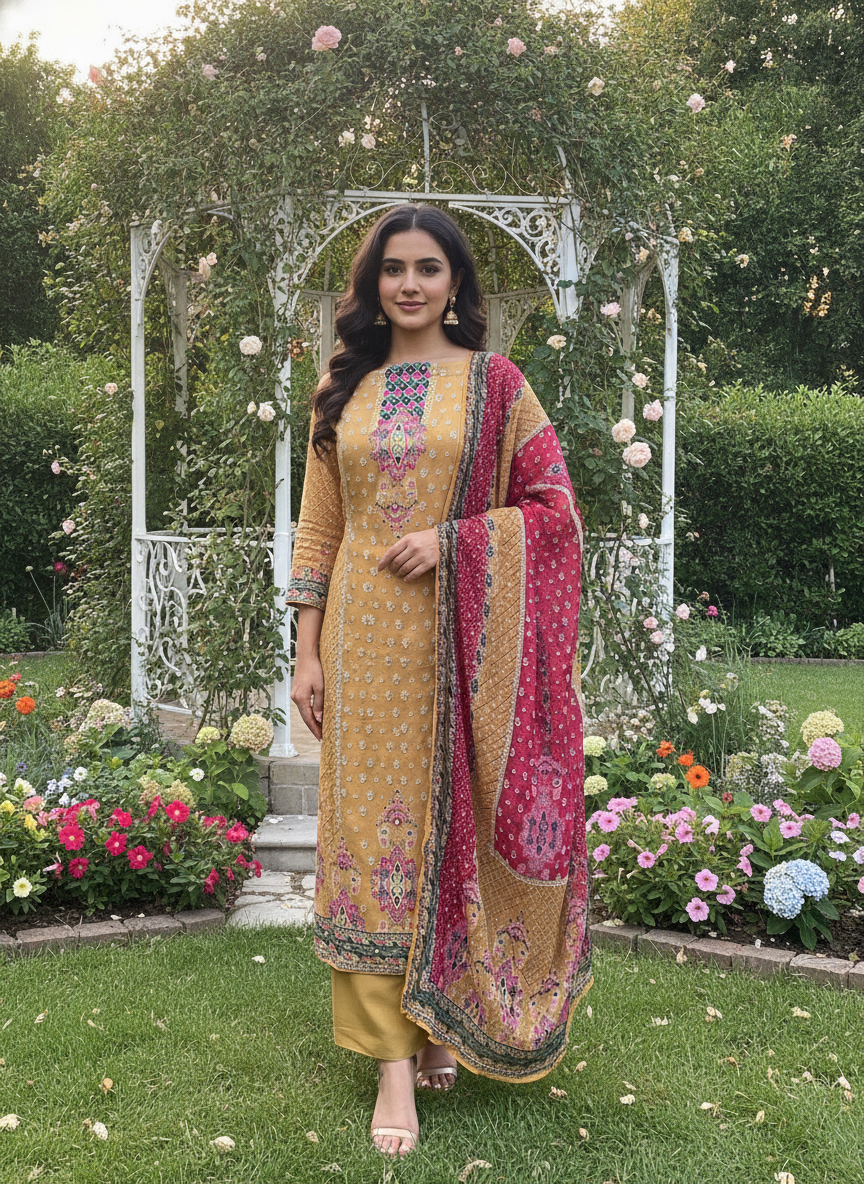 Mustard Muslin with Printed Embroidery Elegance (52828)