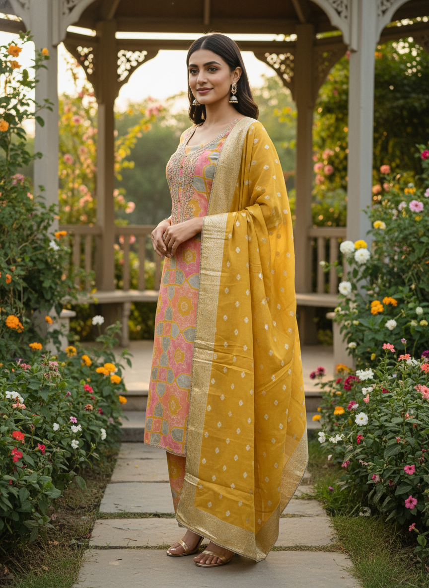 Radiant Yellow Upada Silk with Delicate Handwork (47196)