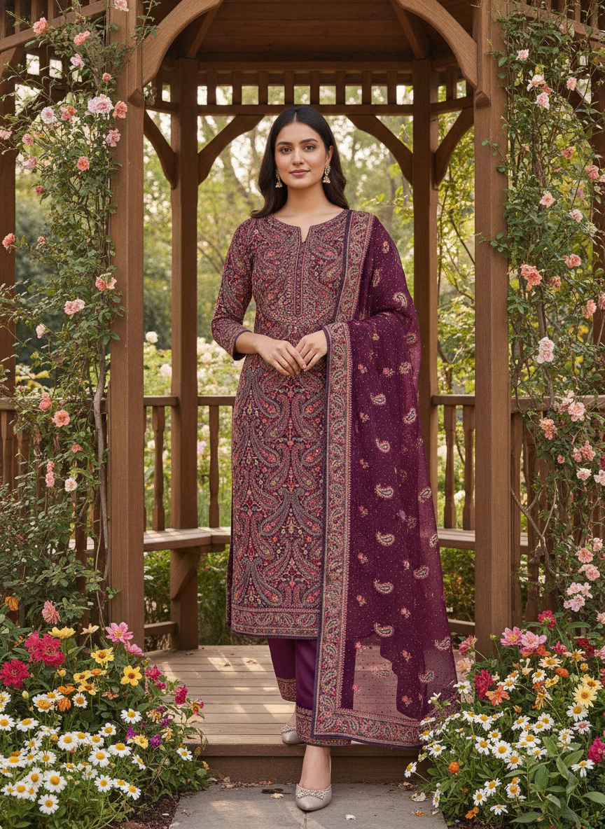 Wine Georgette Embroidered Festive Unstitched Ensemble (59614)