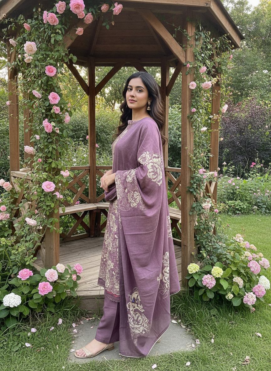 Purple Muslin Dupatta with Printed Embroidery (53550)