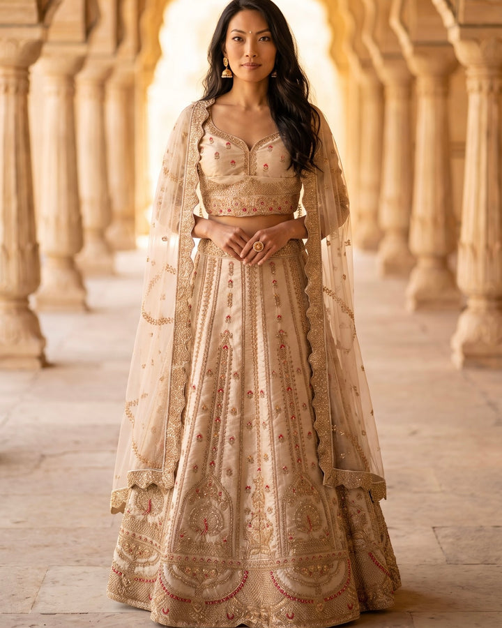 Cream Silk Bridal Lehenga with Embroidery (49200)