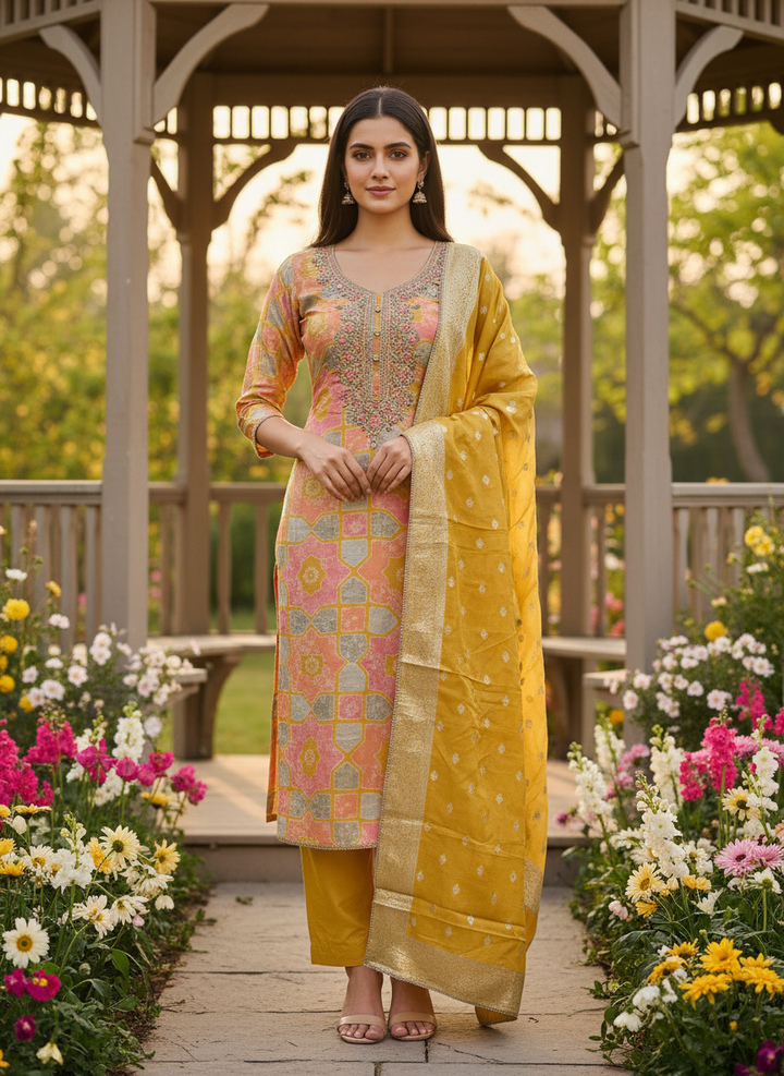 Radiant Yellow Upada Silk with Delicate Handwork (47196)