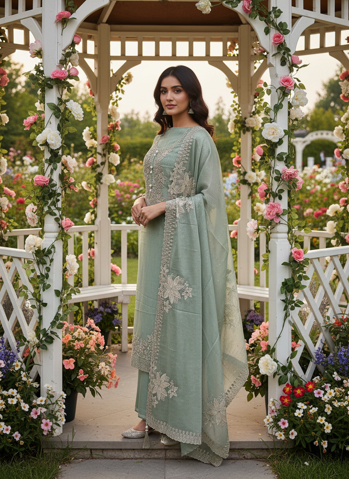 Sequined Green Organza Embroidered Everyday Elegance (54050)