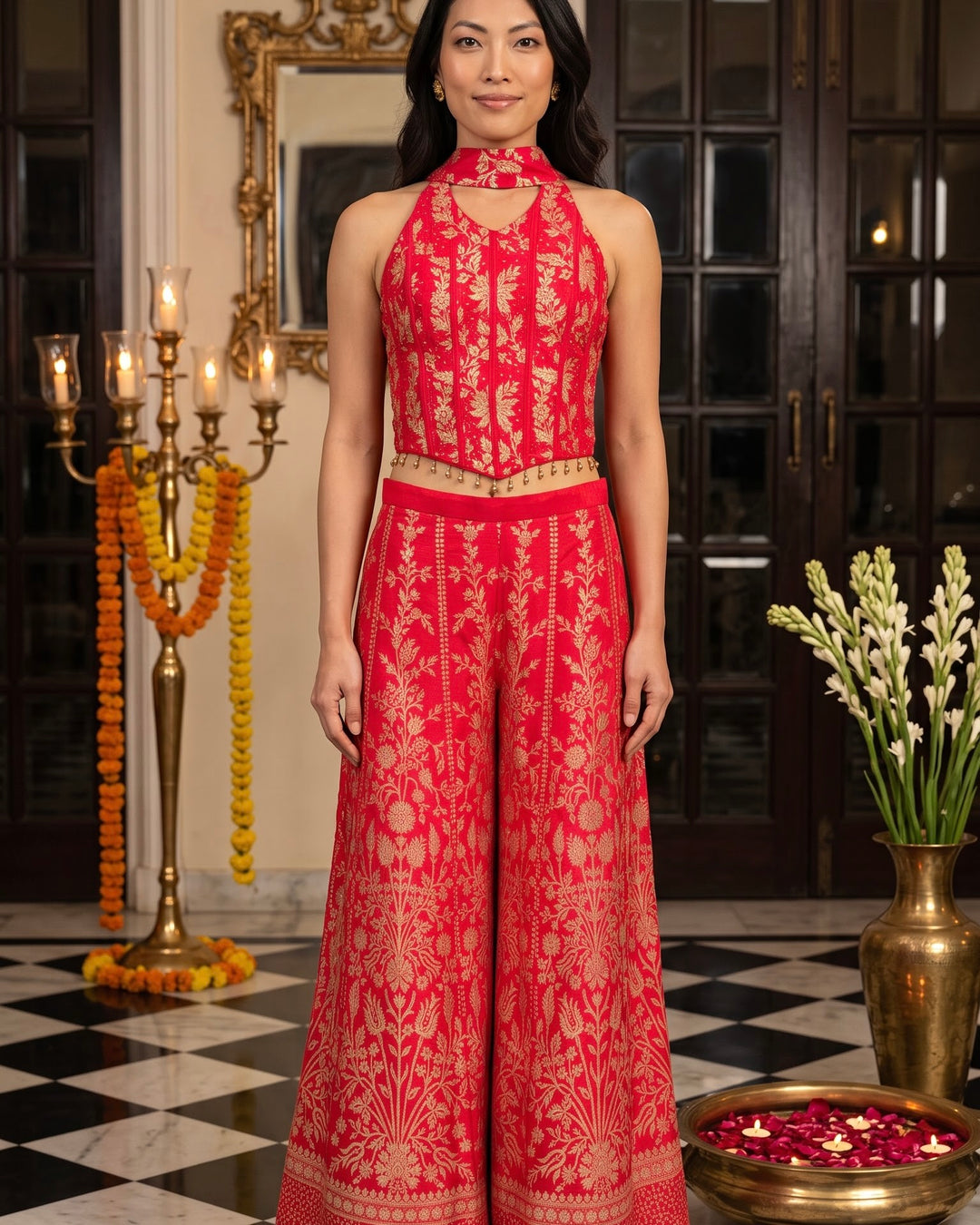 Rani Pink Banarasi Embroidered Corset Blouse Palazzo Set (56113)