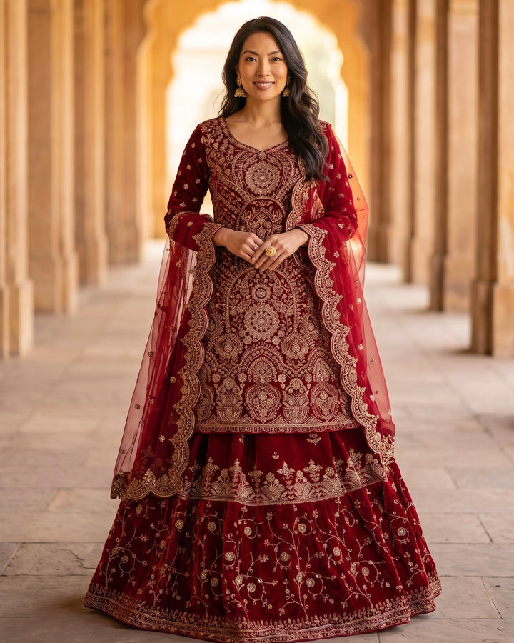 Maroon Velvet Embroidered Farshi Ensemble (59228)
