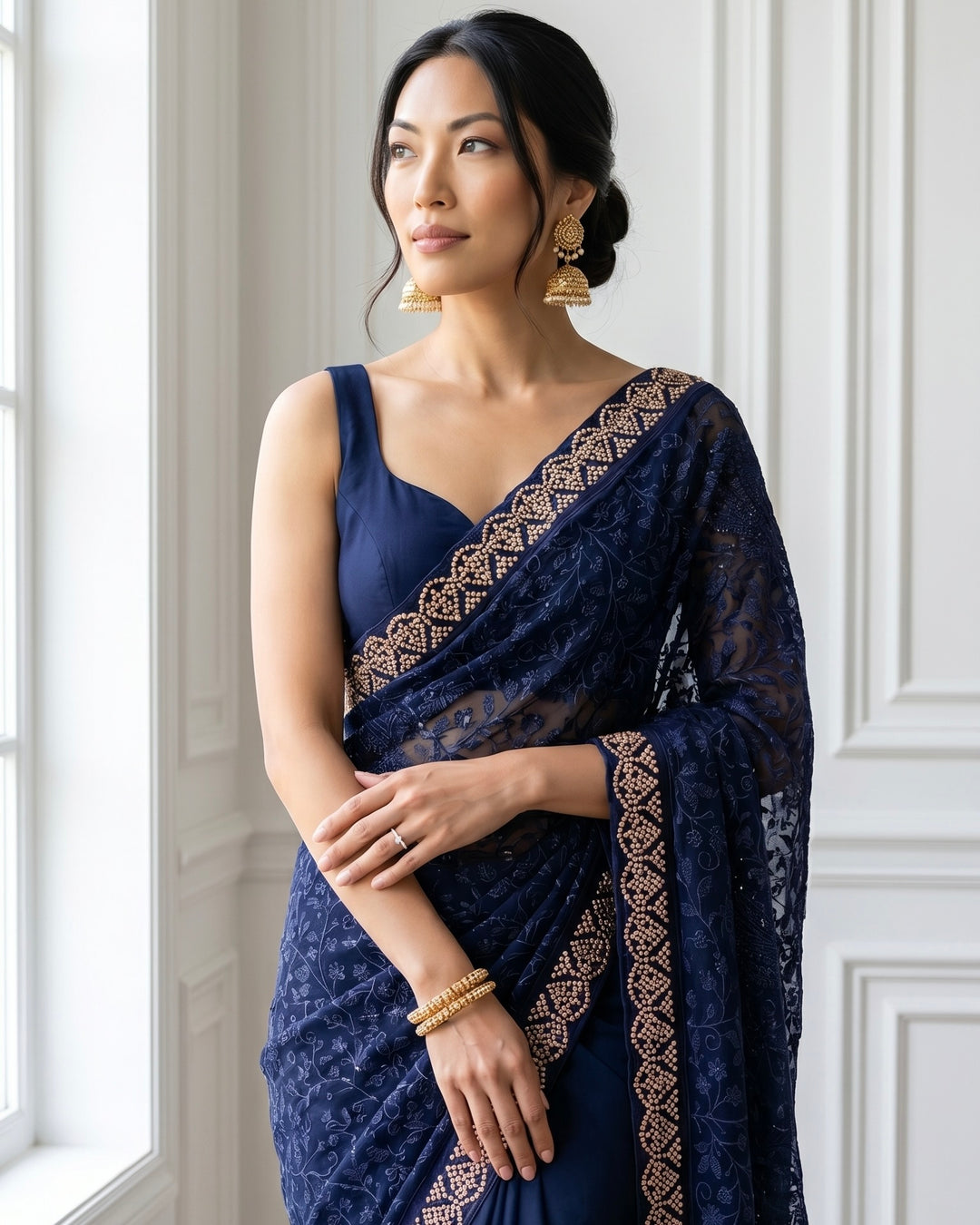 Navy Blue Embroidered Organza Saree Elegance (54579)