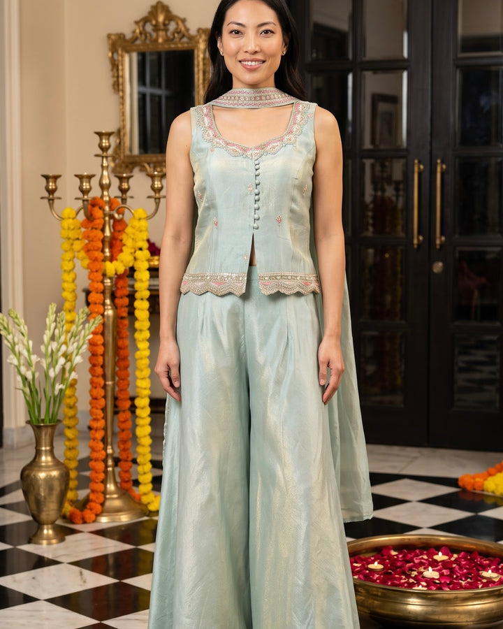 Emerald tissue Embroidered Short Shirt Palazzo Set (46857)