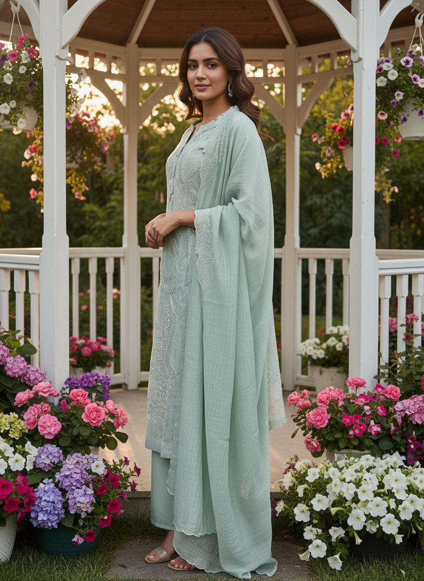 Light Green Embroidered Chanderi Unstitched Fabric (54279)