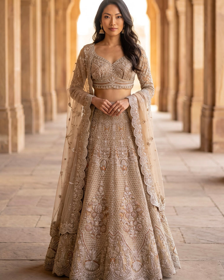 Beige Net Embroidered Dupatta with Elegance (54601)