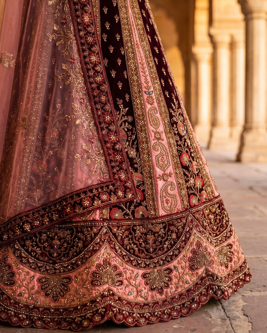 Maroon Velvet Embroidered Bridal Lehenga (47624)